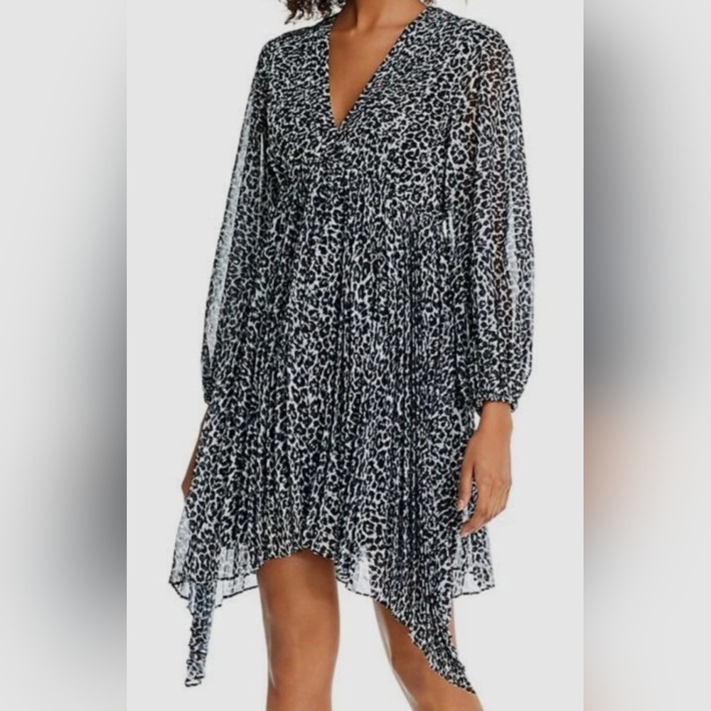 The Kooples Black White V-Neck Leopard Ruffle Shift Dress, Size 2